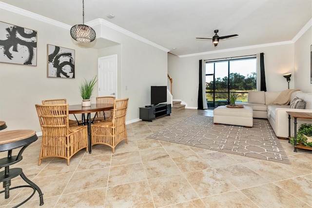 tiled living room with ornamental molding and ceiling fan