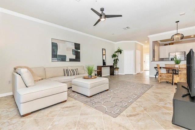 living room with light tile patterned floors, ornamental molding, and ceiling fan