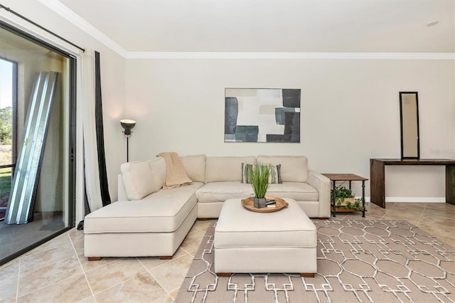 living room featuring crown molding and light tile patterned floors