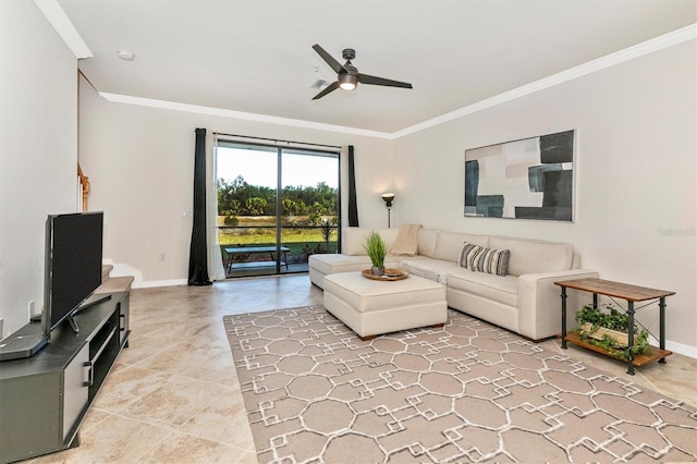 living room with crown molding, light tile patterned flooring, and ceiling fan