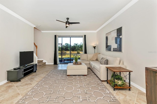 living room featuring crown molding, ceiling fan, and tile patterned flooring