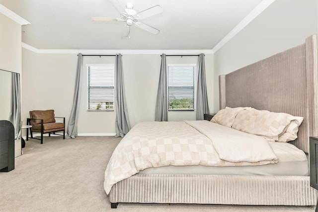 bedroom with crown molding, light colored carpet, and multiple windows