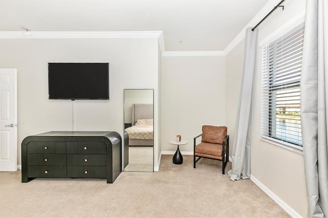 living area featuring ornamental molding and light colored carpet