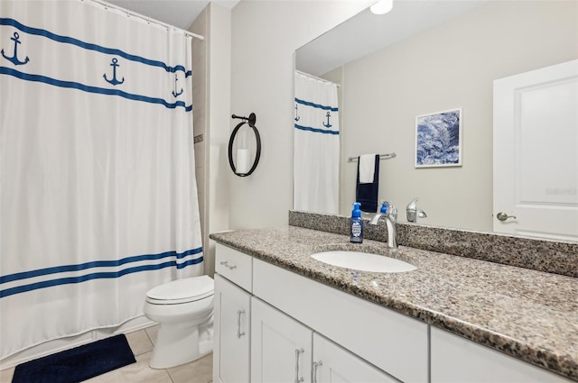 bathroom featuring tile patterned flooring, vanity, toilet, and a shower with shower curtain