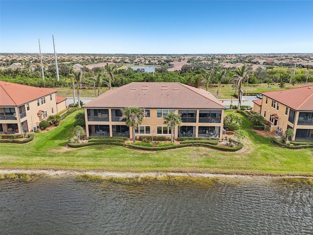 aerial view featuring a water view