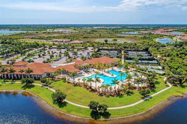 drone / aerial view with a water view