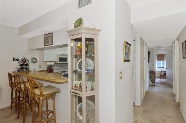 interior space featuring wood counters, range with electric stovetop, light carpet, and a textured ceiling