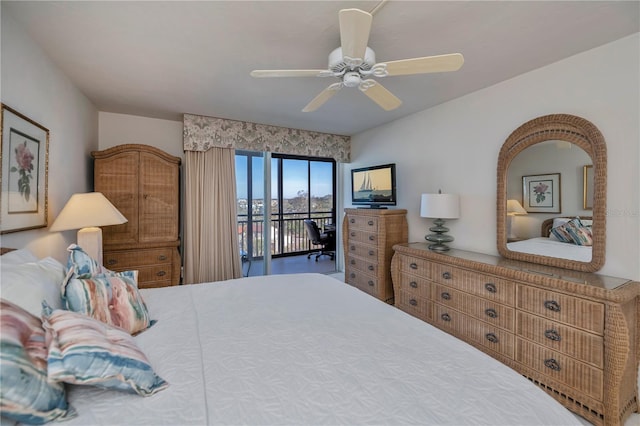 bedroom featuring access to exterior and ceiling fan