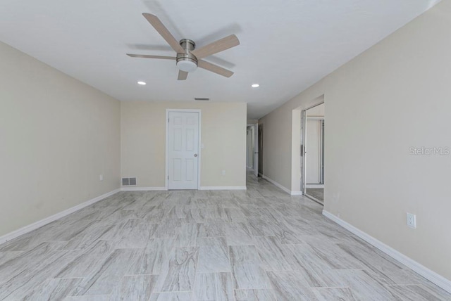 unfurnished room with recessed lighting, visible vents, baseboards, and a ceiling fan