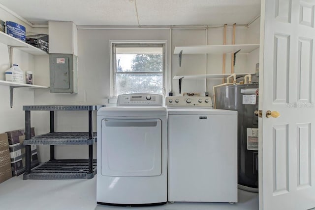 laundry area with electric panel, laundry area, electric water heater, and separate washer and dryer