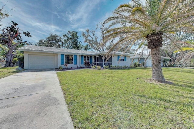 single story home featuring stucco siding, a front lawn, concrete driveway, a garage, and a tiled roof