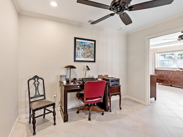 office with ornamental molding, light tile patterned floors, and ceiling fan