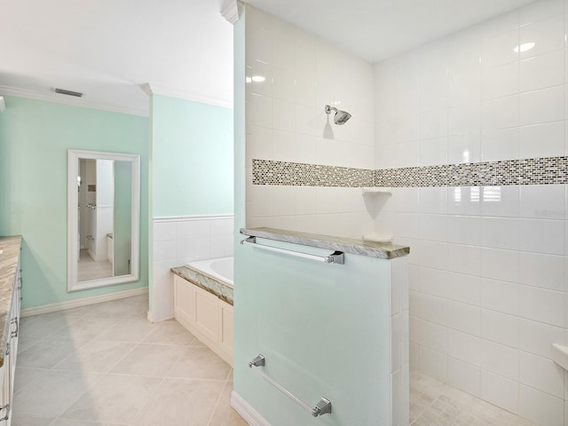 bathroom featuring crown molding, shower with separate bathtub, and tile patterned flooring