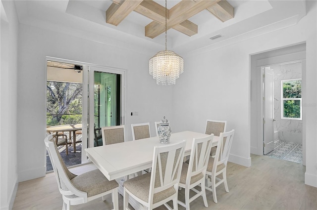 dining room with coffered ceiling, a chandelier, beam ceiling, and light hardwood / wood-style flooring