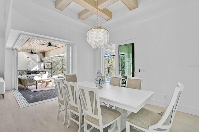 dining space with ceiling fan with notable chandelier, coffered ceiling, light hardwood / wood-style floors, and beamed ceiling