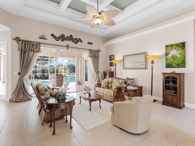 tiled living room featuring crown molding, ceiling fan, coffered ceiling, and beam ceiling