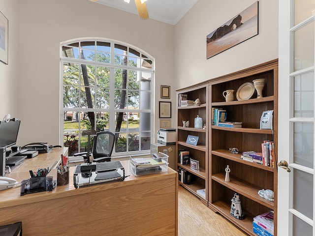 home office featuring ornamental molding and light wood-type flooring