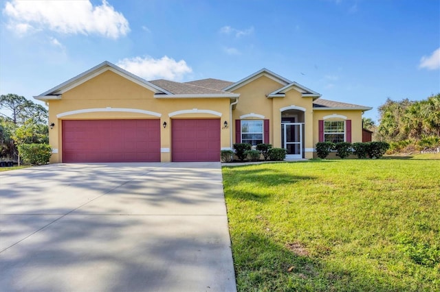 view of front of home with a front lawn, concrete driveway, an attached garage, and stucco siding