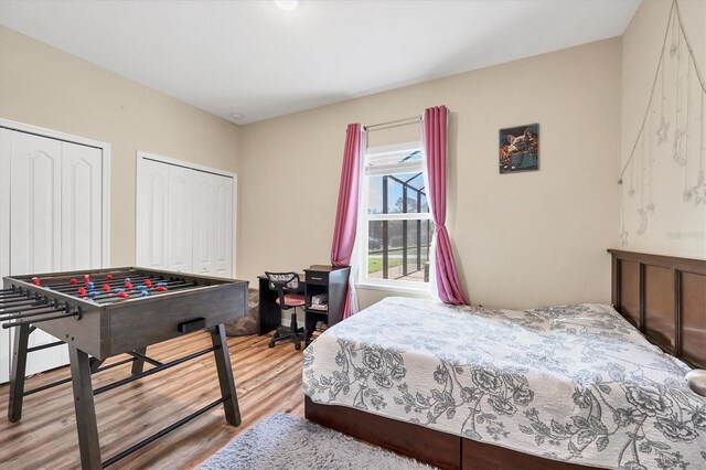 bedroom featuring multiple closets and wood finished floors