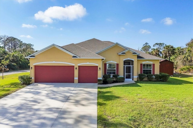 single story home with a garage, driveway, stucco siding, roof with shingles, and a front yard