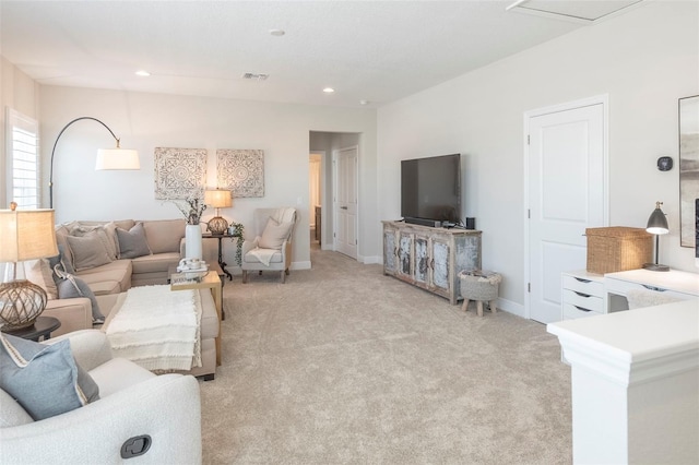 living room with light colored carpet