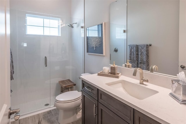 bathroom with vanity, toilet, and a shower with shower door