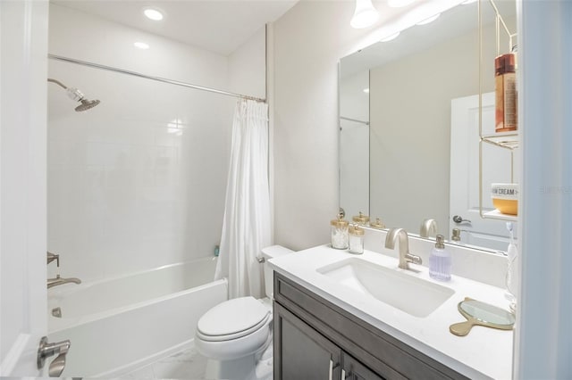 full bathroom with shower / bathtub combination with curtain, vanity, and toilet