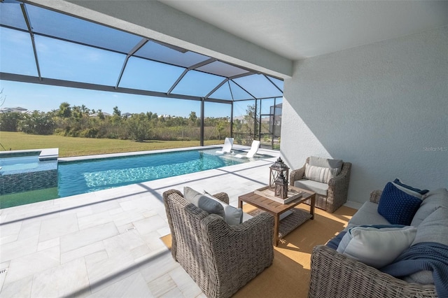 view of swimming pool featuring an outdoor hangout area, a patio area, a hot tub, and glass enclosure