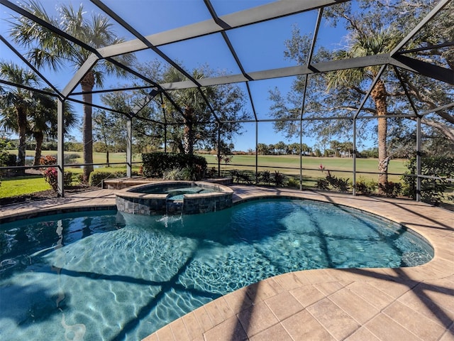 view of swimming pool featuring a patio area, an in ground hot tub, and glass enclosure