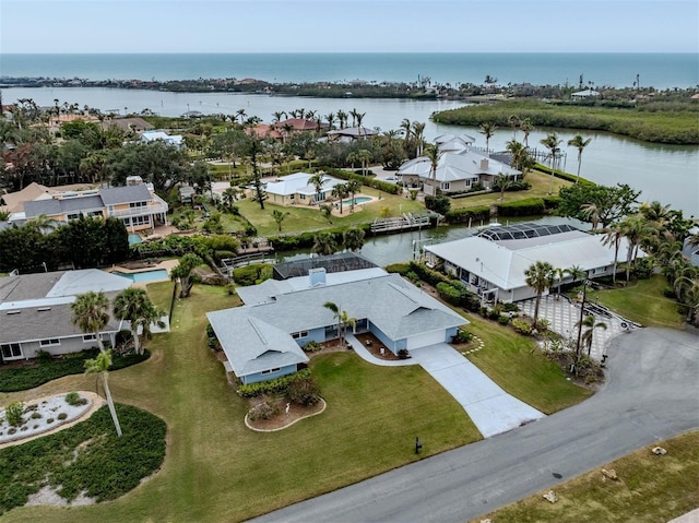 aerial view featuring a water view