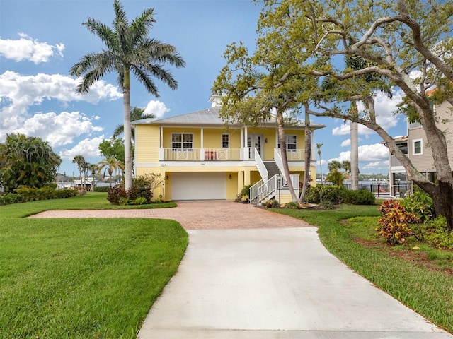 view of front of home featuring a garage, covered porch, and a front lawn