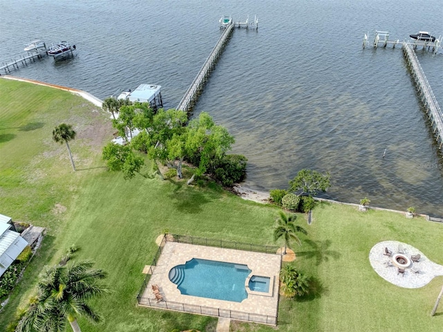 bird's eye view with a water view