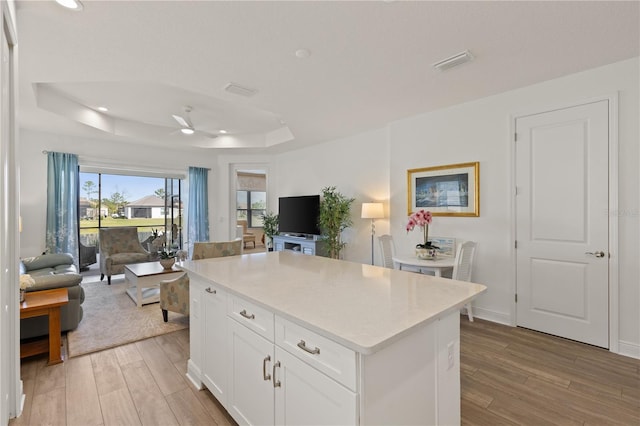 kitchen with white cabinetry, light wood-type flooring, a raised ceiling, and a center island