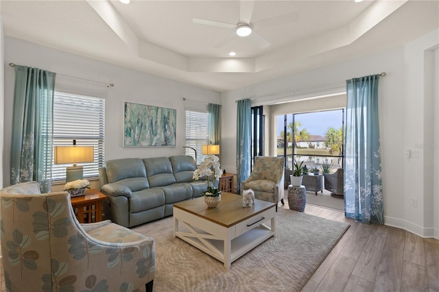 living room featuring ceiling fan, a raised ceiling, and light hardwood / wood-style flooring