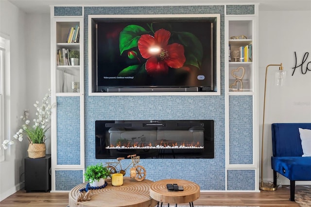 details featuring built in shelves, wood-type flooring, and a large fireplace