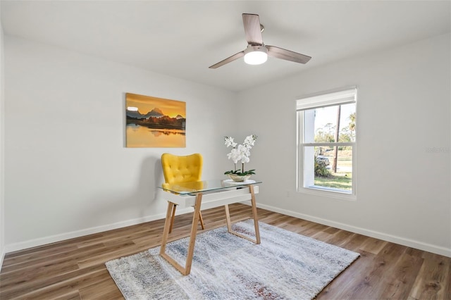 office space with wood-type flooring and ceiling fan