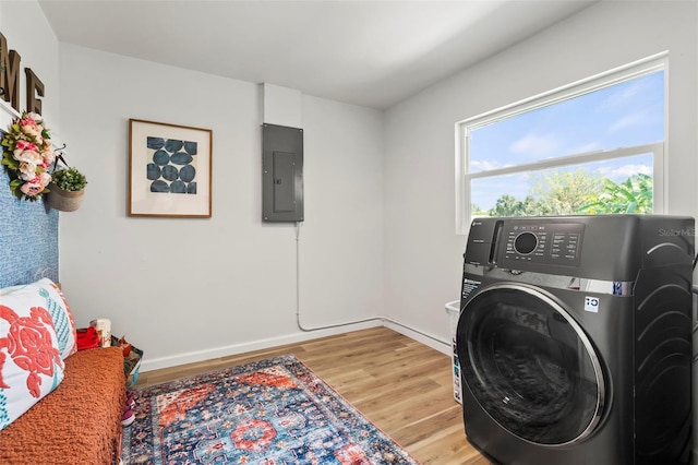 clothes washing area featuring hardwood / wood-style flooring, washer / clothes dryer, and electric panel