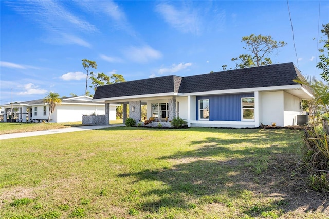 ranch-style house featuring central AC, a porch, a garage, and a front lawn