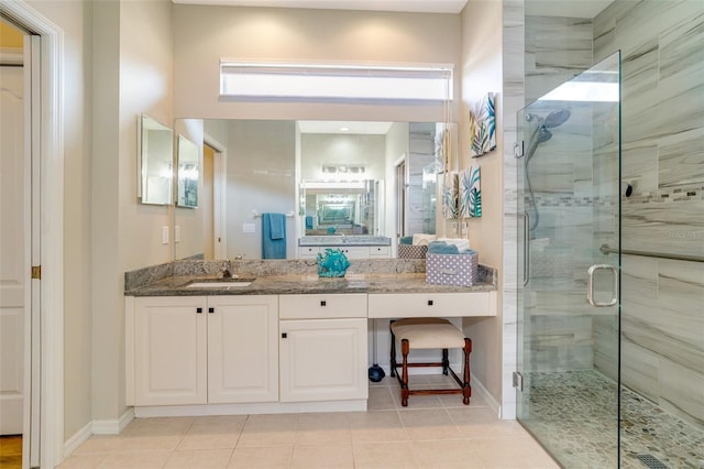 bathroom with tile patterned floors, vanity, and a shower with door