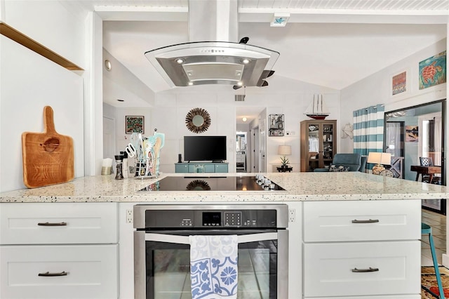 kitchen with white cabinetry, stainless steel oven, black electric cooktop, and island exhaust hood