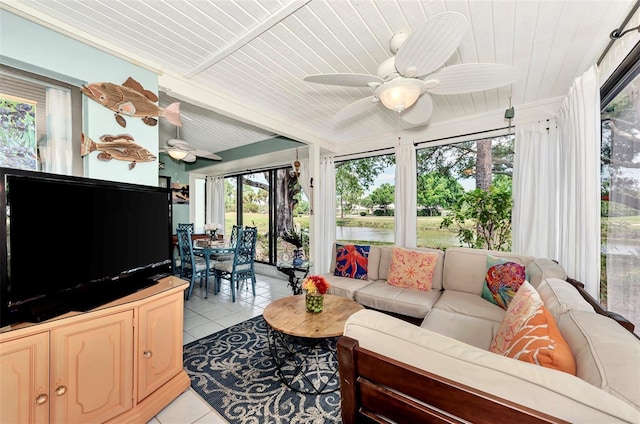 sunroom / solarium featuring wooden ceiling and ceiling fan