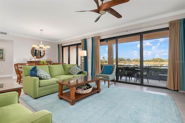 living room with crown molding, a water view, and ceiling fan with notable chandelier