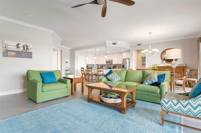 tiled living room with ornamental molding and ceiling fan with notable chandelier