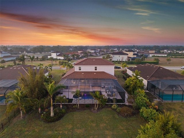 view of aerial view at dusk