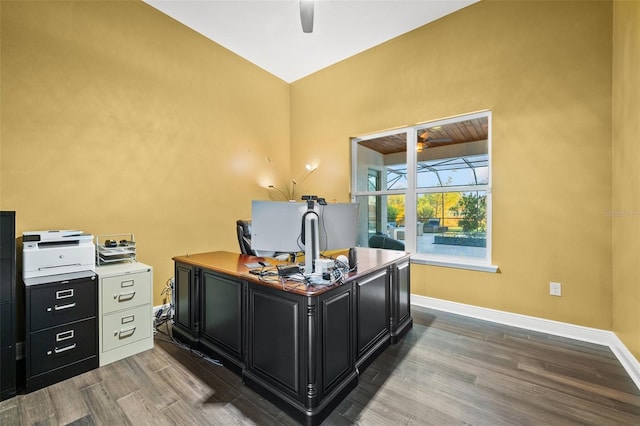 office area with hardwood / wood-style flooring and ceiling fan