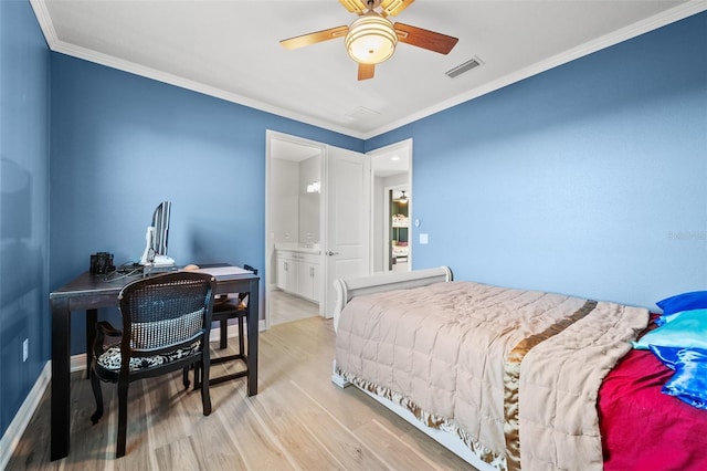 bedroom with ornamental molding, connected bathroom, ceiling fan, and light hardwood / wood-style flooring