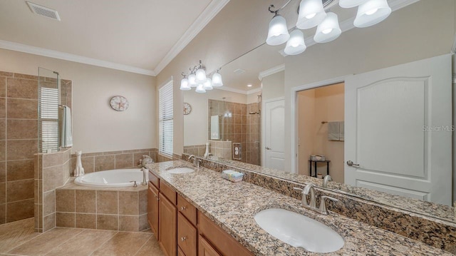 bathroom featuring tile patterned flooring, vanity, ornamental molding, and separate shower and tub