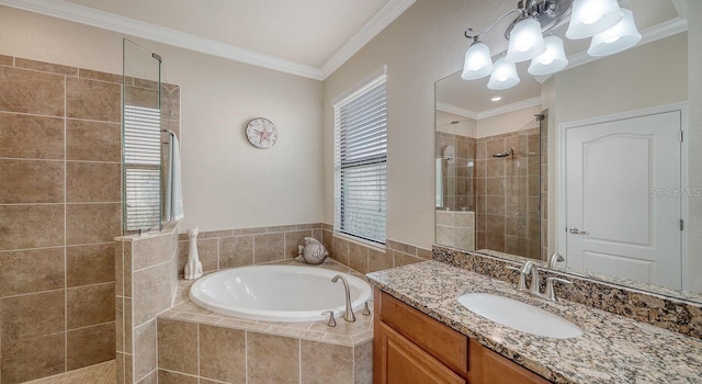 bathroom featuring ornamental molding, separate shower and tub, and vanity