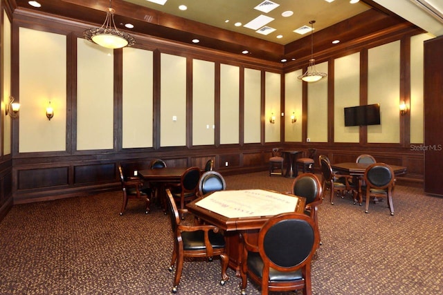 dining area with dark carpet