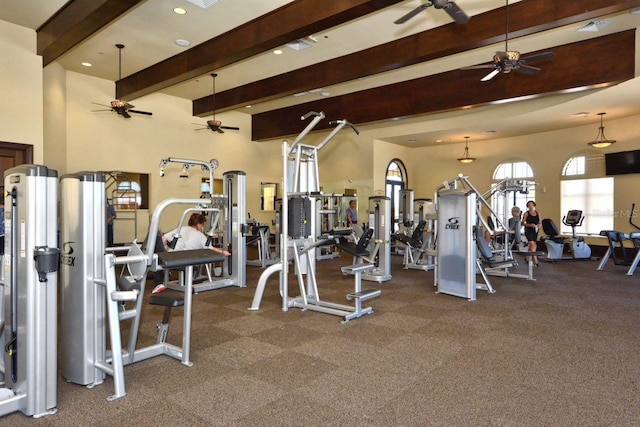 workout area with ceiling fan